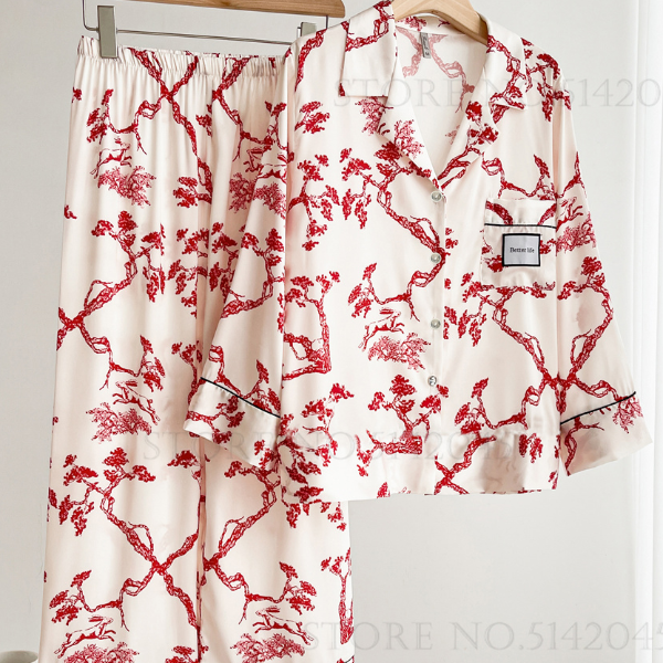 Women Sleepwear Spring Summer, Fashion Print Flower Pajamas Set, Trouser Suits Lounge Wear Loose Satin, Homewear Pijamas