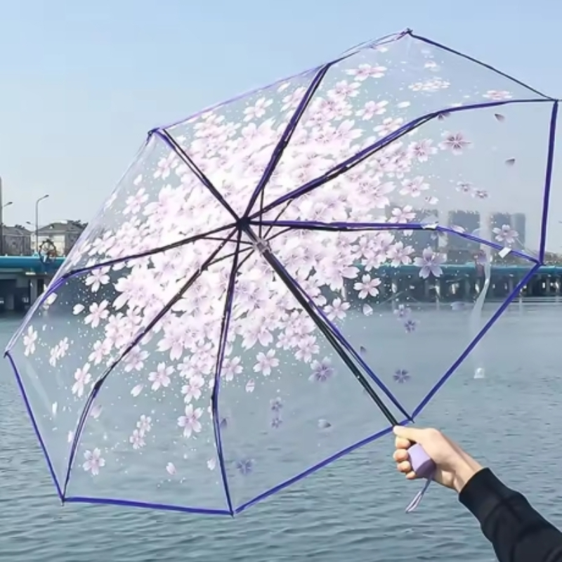 Durable 3-Fold Girls Travel Umbrella, Fashionable Sakura Fresh Transparent Petal, Fully Automatic 8 Bones