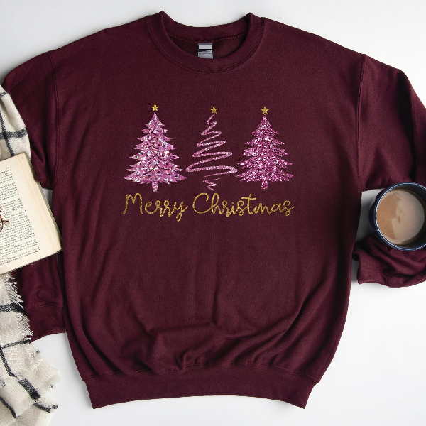 Faux Glitter Merry Christmas Tree Sweatshirt | Pink Sparkly Xmas Crewneck Women Aesthetic Holiday Pullover