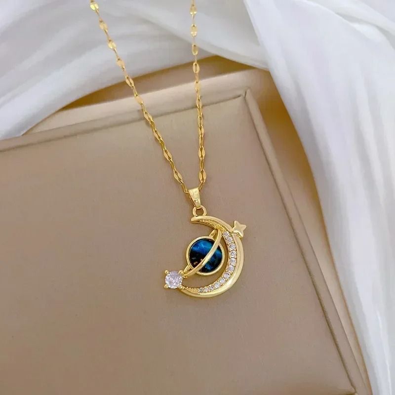 Luxury Designer Star Saturn Pendant Necklace For Women Stainless Steel Chain