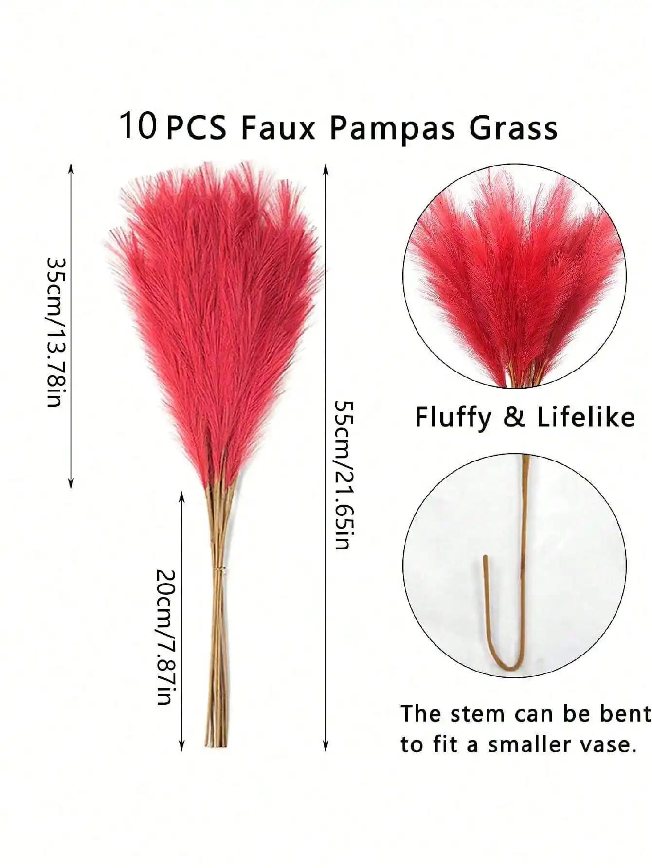 Artificial Pampas Grass Red Faux Reeds Decor 55cm Set