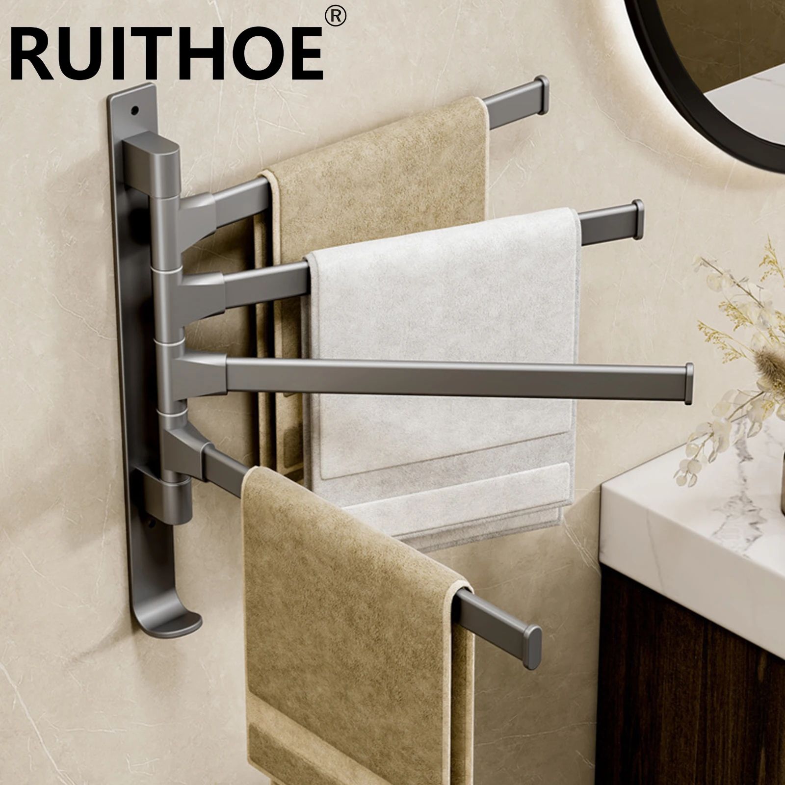 360° Rotating Aluminum Towel Rack Wall Mounted Space-Saving Multi-Bar Towel Holder