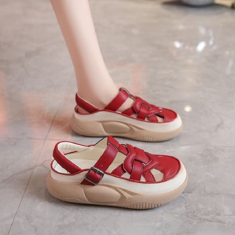 Red Roman Sandals for Women, Crisscross Strap Platform with Metal Buckles, Stylish Breathable Summer Vacation Shoes