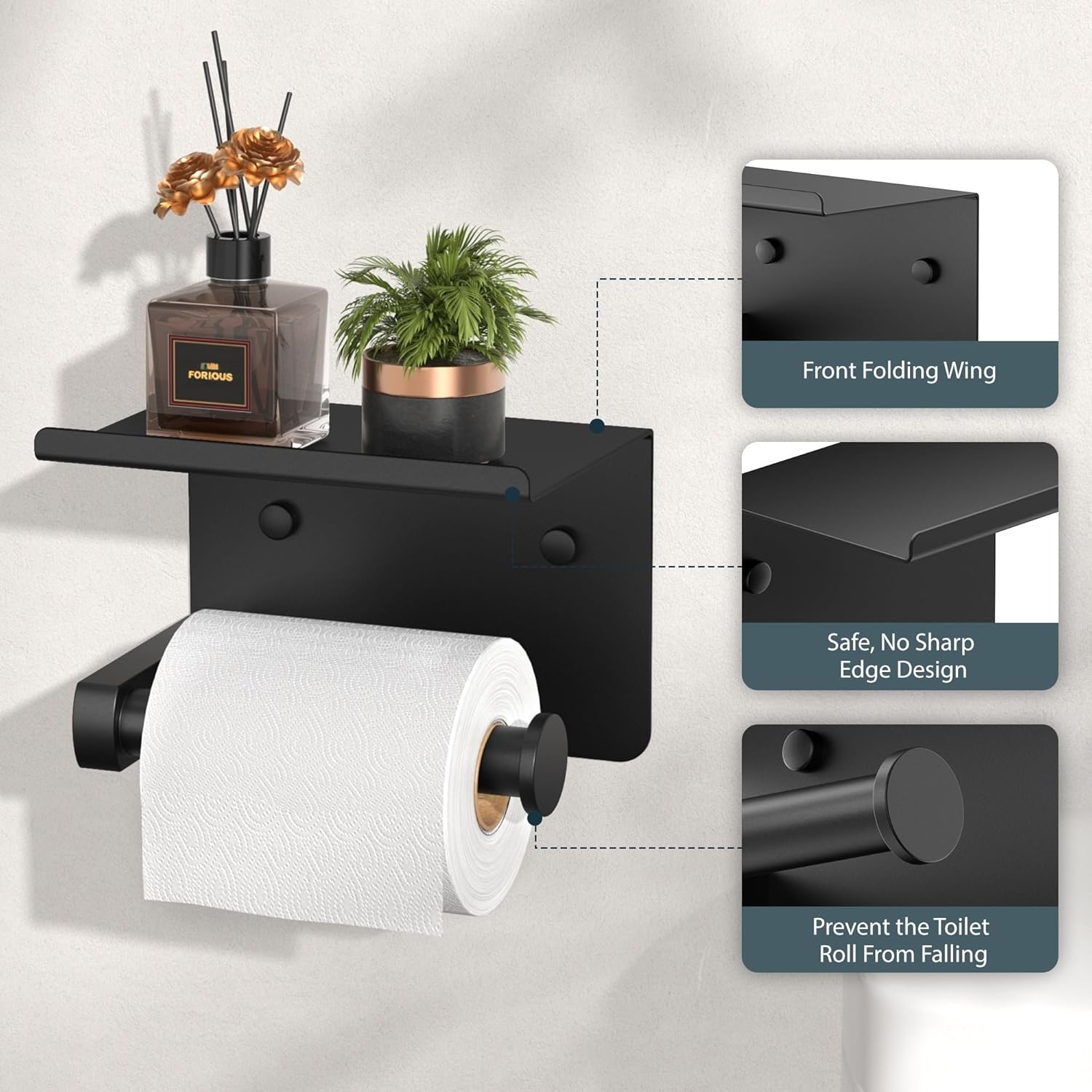 Stainless Steel Adhesive Toilet Paper Holder with Shelf Wall Mounted Bathroom Organizer Rack
