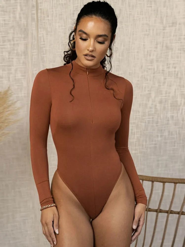 Womens Mock Neck Bodycon Bodysuit | Premium Autumn/Winter Long Sleeve Slim Zipper Outwear System