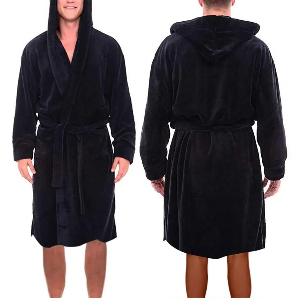 Mens Winter Warm Hooded Fleece Bathrobe – Long Sleeve Thermal Home Gown & Solid Color Sleepwear