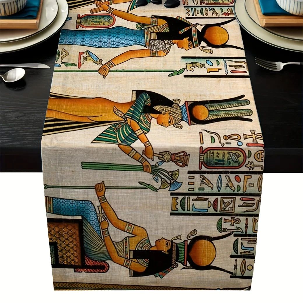 Ancient Egyptian Linen Table Runner for Dining Table – Ethnic Pharaoh Mural Farmhouse Decor