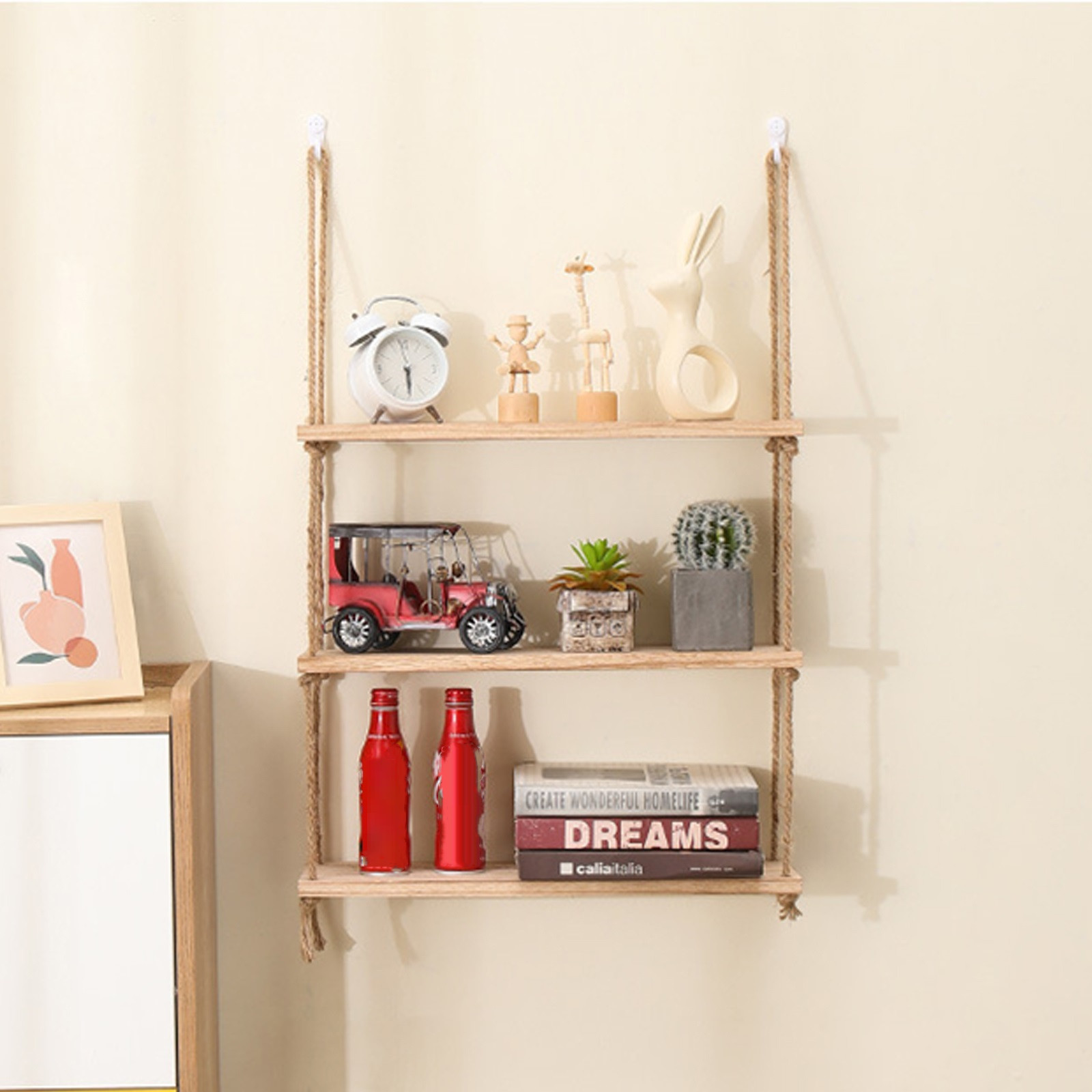 Wooden Floating Shelves for Wall, Hanging Rope Storage, Living Room Decor