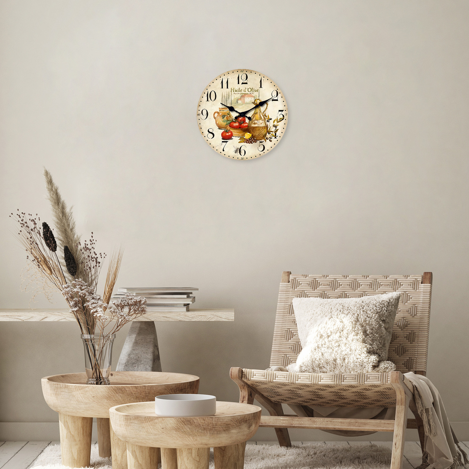 Retro Provence Olive Oil and Tomato Pattern Wooden Wall Clock, Silent Quartz Kitchen Wall Clock, Rustic Living Room