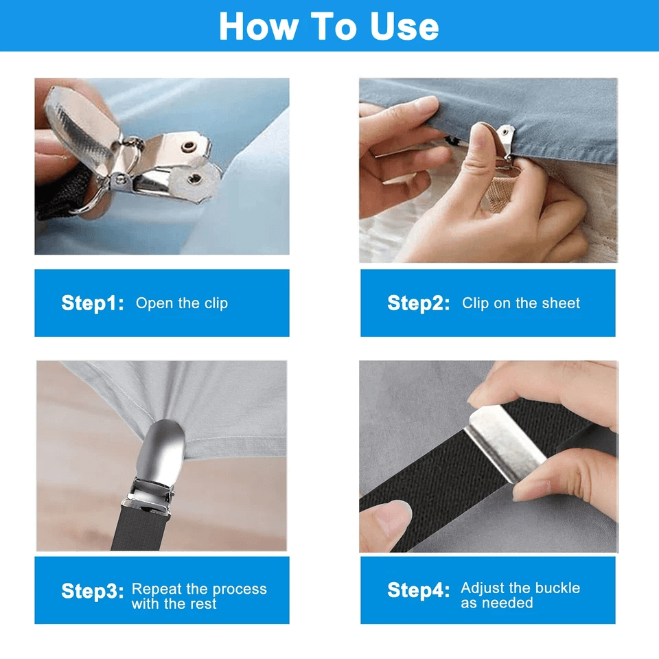 Adjustable Bed Fitted Sheet Straps Suspenders Belt with Gripper Fastener Clips, Heavy-Duty Elastic Mattress Holders