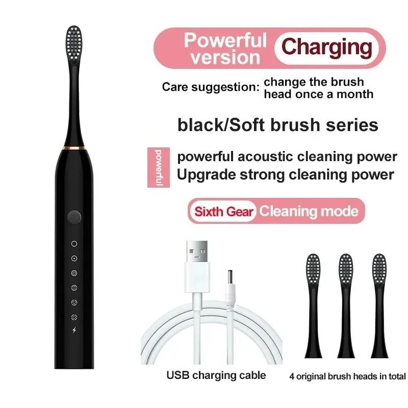 Ultrasonic Electric Toothbrush with 6 Cleaning Modes, USB Rechargeable & Waterproof