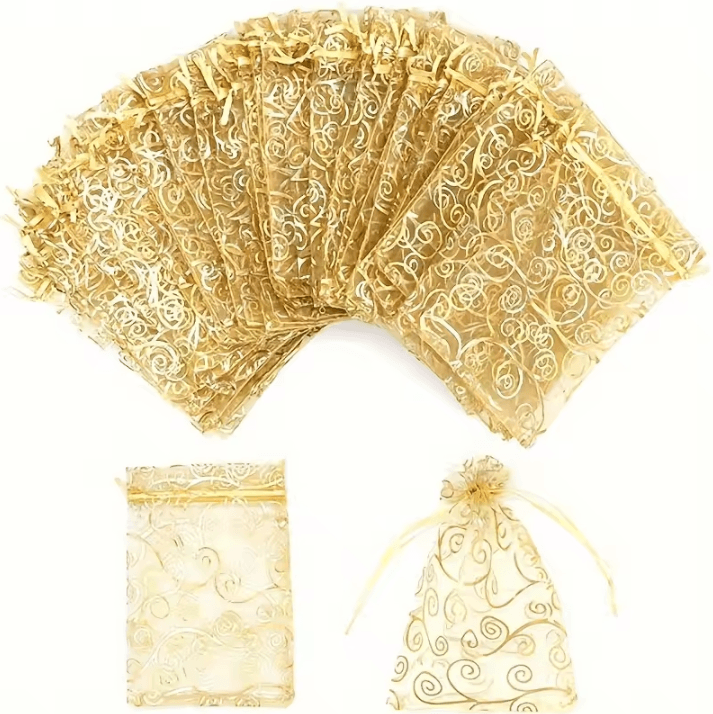 100pcs Golden Mesh Drawstring Bags Party Favor Gift Pouches for Candy, Makeup, Jewelry and Accessories