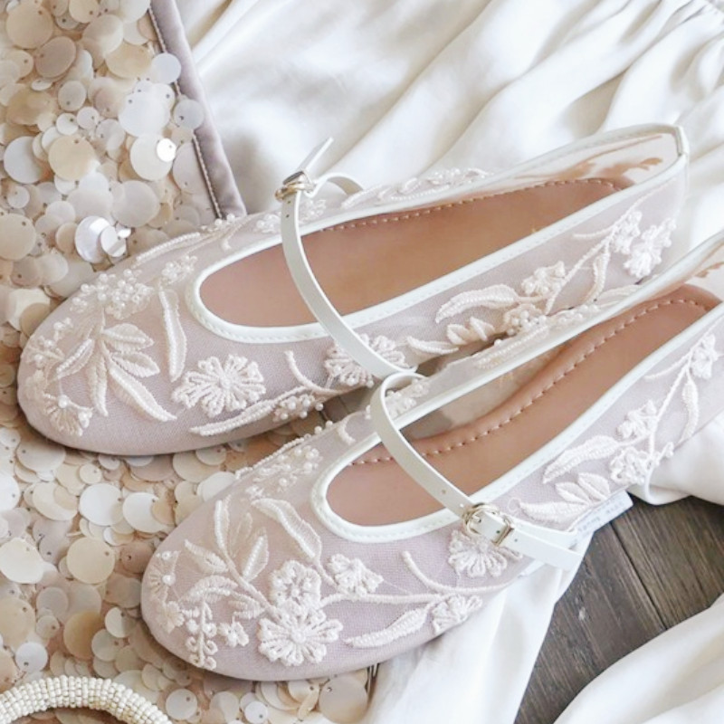 Luxury Embroidery Pearl Mesh Ballet Flats for Women, Fashion Hollow Round Toe Flat Sandals, Elegant Comfortable Belt