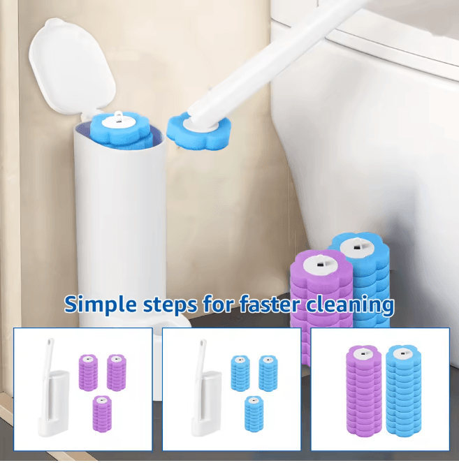 FreshClean Disposable Toilet Brush Kit Long Handle Replaceable Head Set