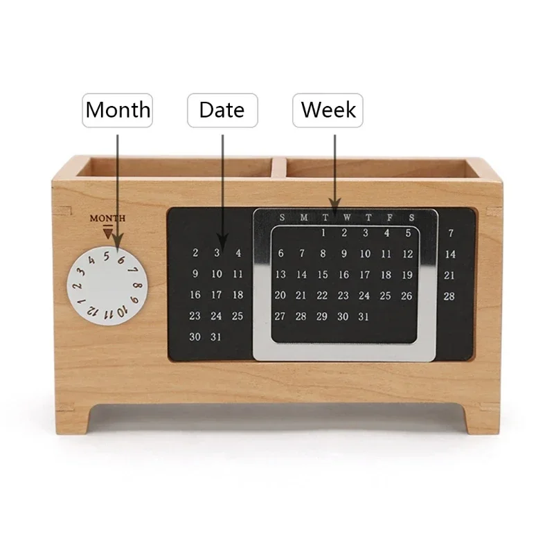 Creative Wooden Multifunctional Box Organizer, Stationery Control for Pen, Pencil, Remote Storage, Desktop Calendar Hold