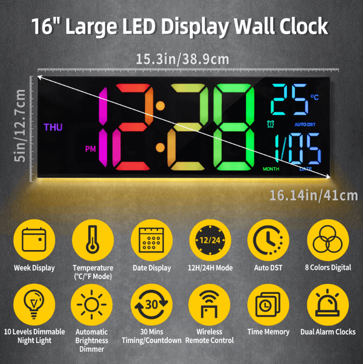 16 Large LED Wall Clock with Remote – RGB Voice Activated Digital Display for Modern Home