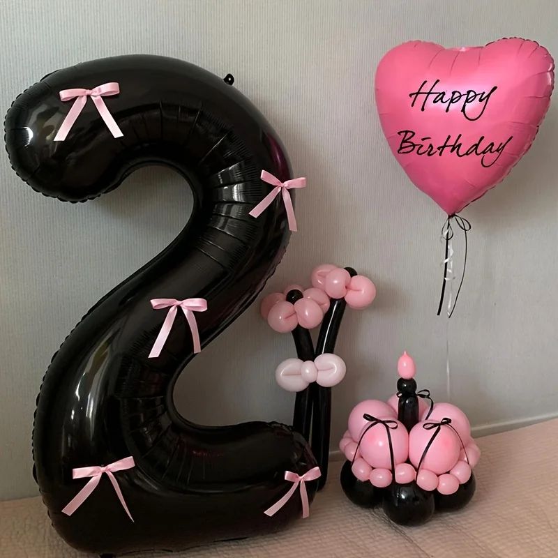 Black Number Balloon with Pink Bow