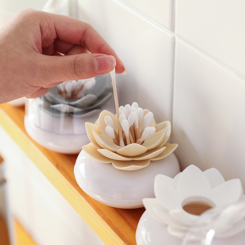 Lotus Shape Q-tip Holder Cotton Swab Storage Box with Lid, Multipurpose Toothpick Holder Bathroom Organizer