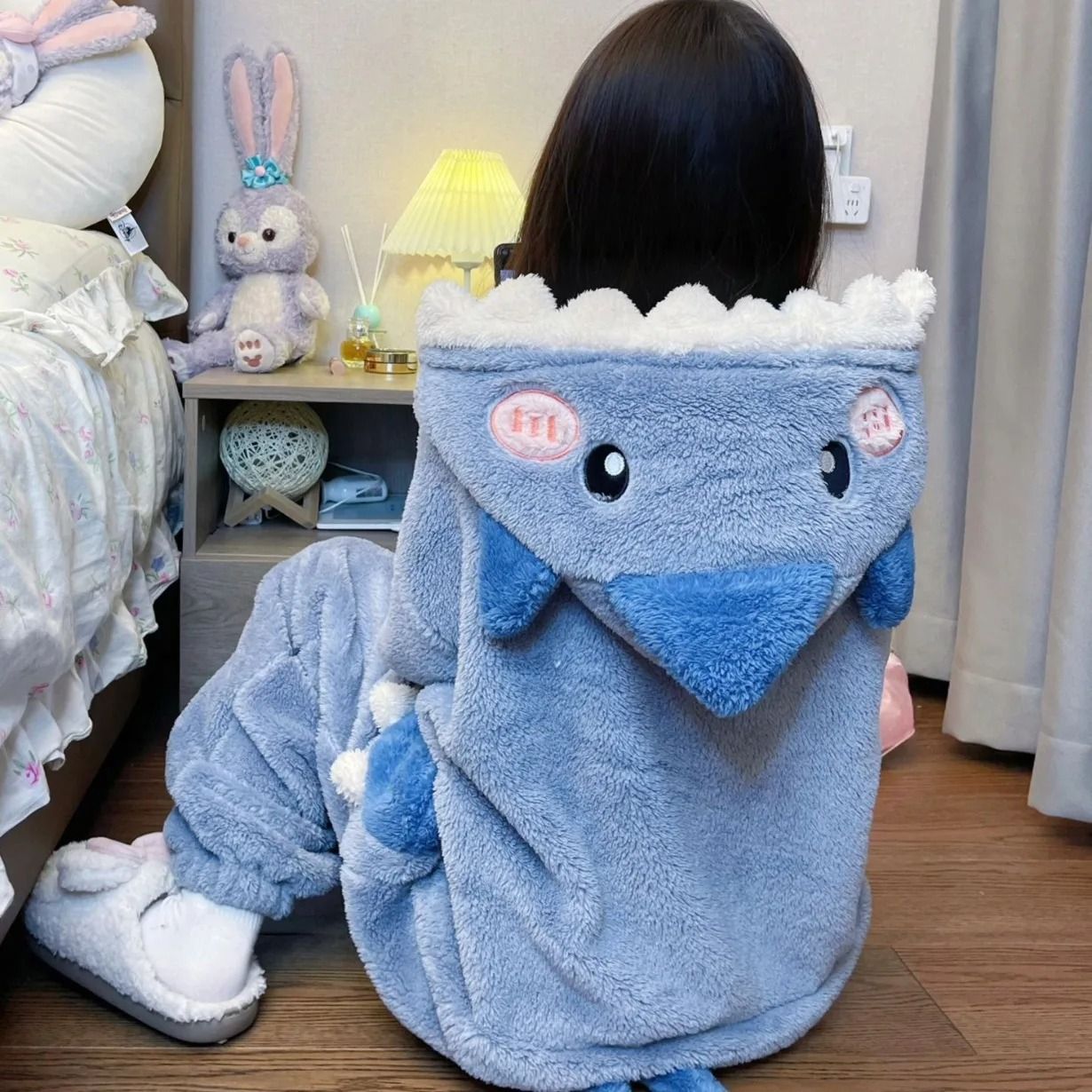 Womens Cartoon Shark Kigurumi Pajamas Hooded Animal Onesie Sleepwear Winter Cosplay Jumpsuit