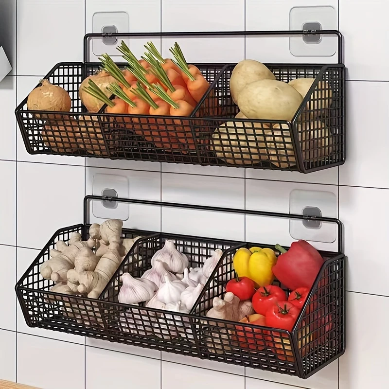 Wall Mounted Kitchen Storage Basket – Durable Wire Rack for Vegetables and Fruits Organization