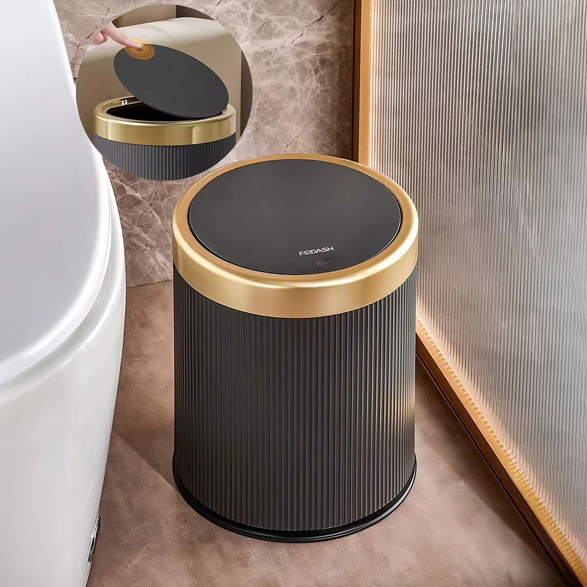 Modern White and Black Double-Layer Trash Bin with Press-Top Lid