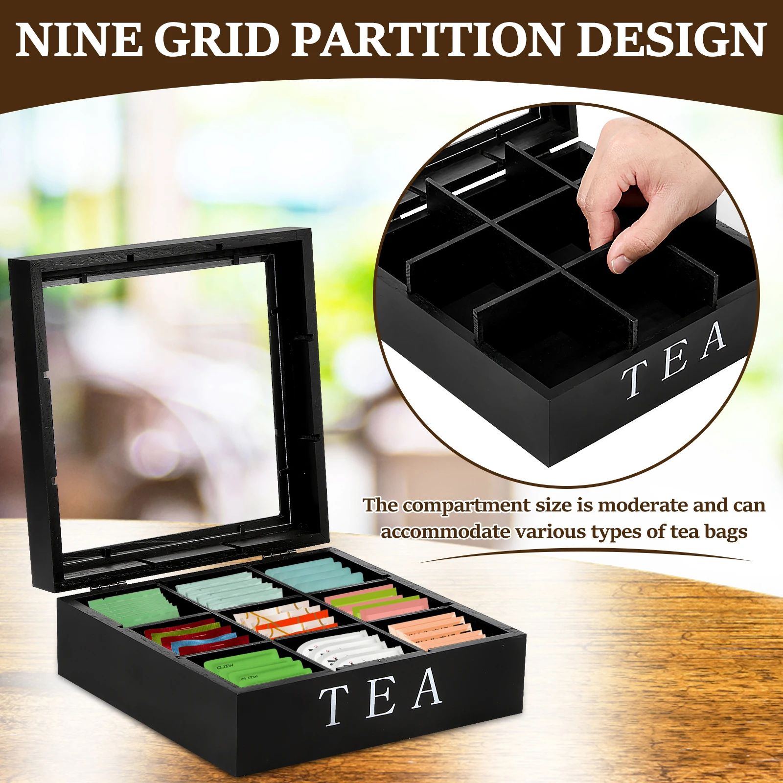 Wooden tea box with Clear Lid - tea bag organizer and tea storage box, 9-Section Desktop Caddy