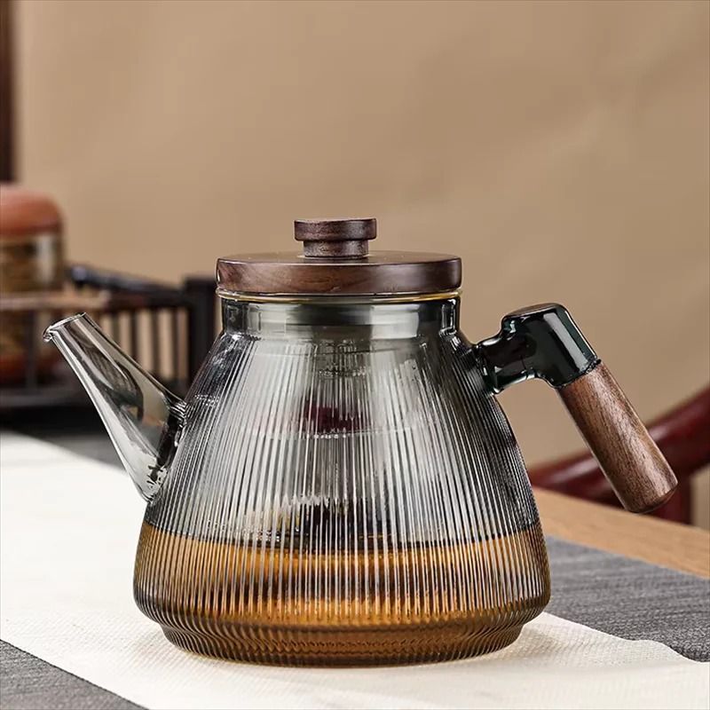 Stripe High Borosilicate Glass Teapot Walnut Handle