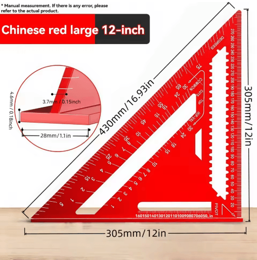 12 Inch Precision Triangle Ruler Red Aluminum Alloy Angle Finder with Metric Scalemea