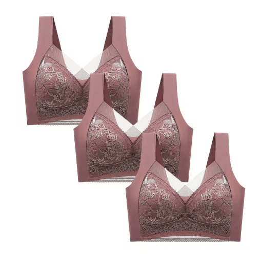 FallSweet 3-Piece Wireless Lace Push Up Deep V Bralette Set (L–5XL)