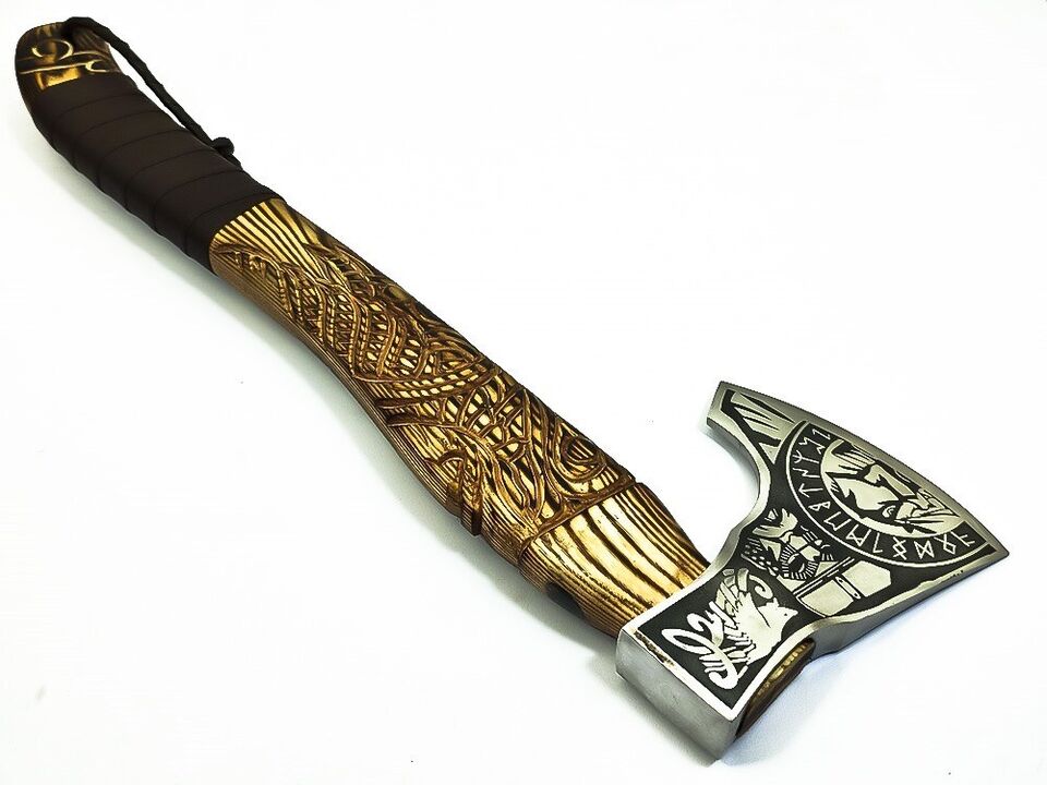 Handmade Rare Art Carbon Steel Blade Viking Throwing Axe - Carved Ashwood Handle