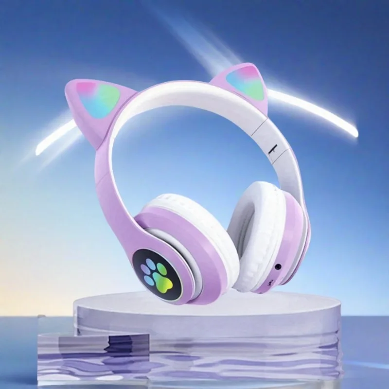 Cute Cat Ear Wireless Headphones with Microphone RGB Noise Cancelling Kids Headset for Stereo Music