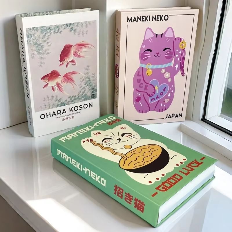 Ukiyo-e Lucky Cat Decorative Book Box Hidden Storage Organizer