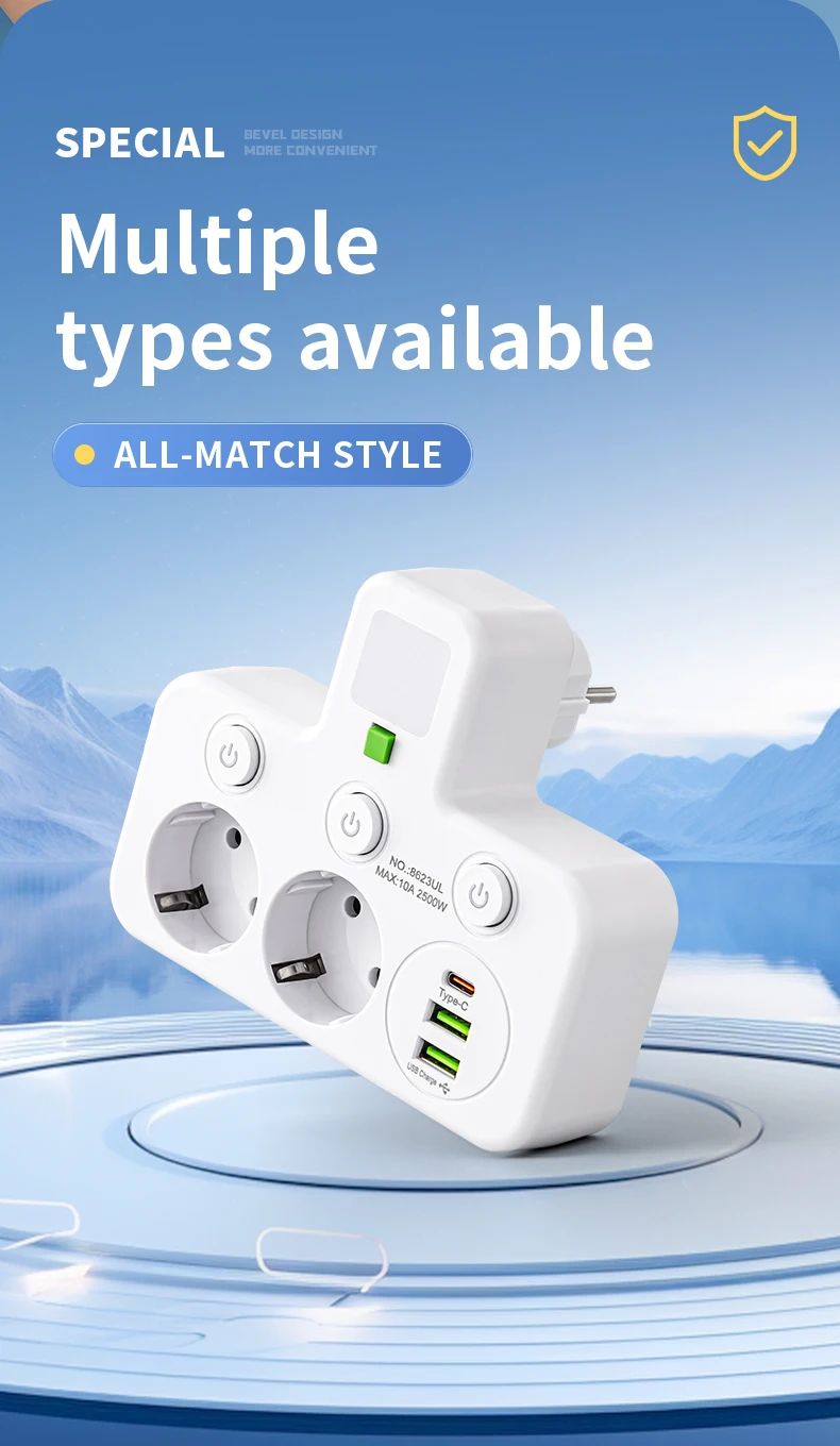 EU Power Strip with USB Charger and Separate Switches