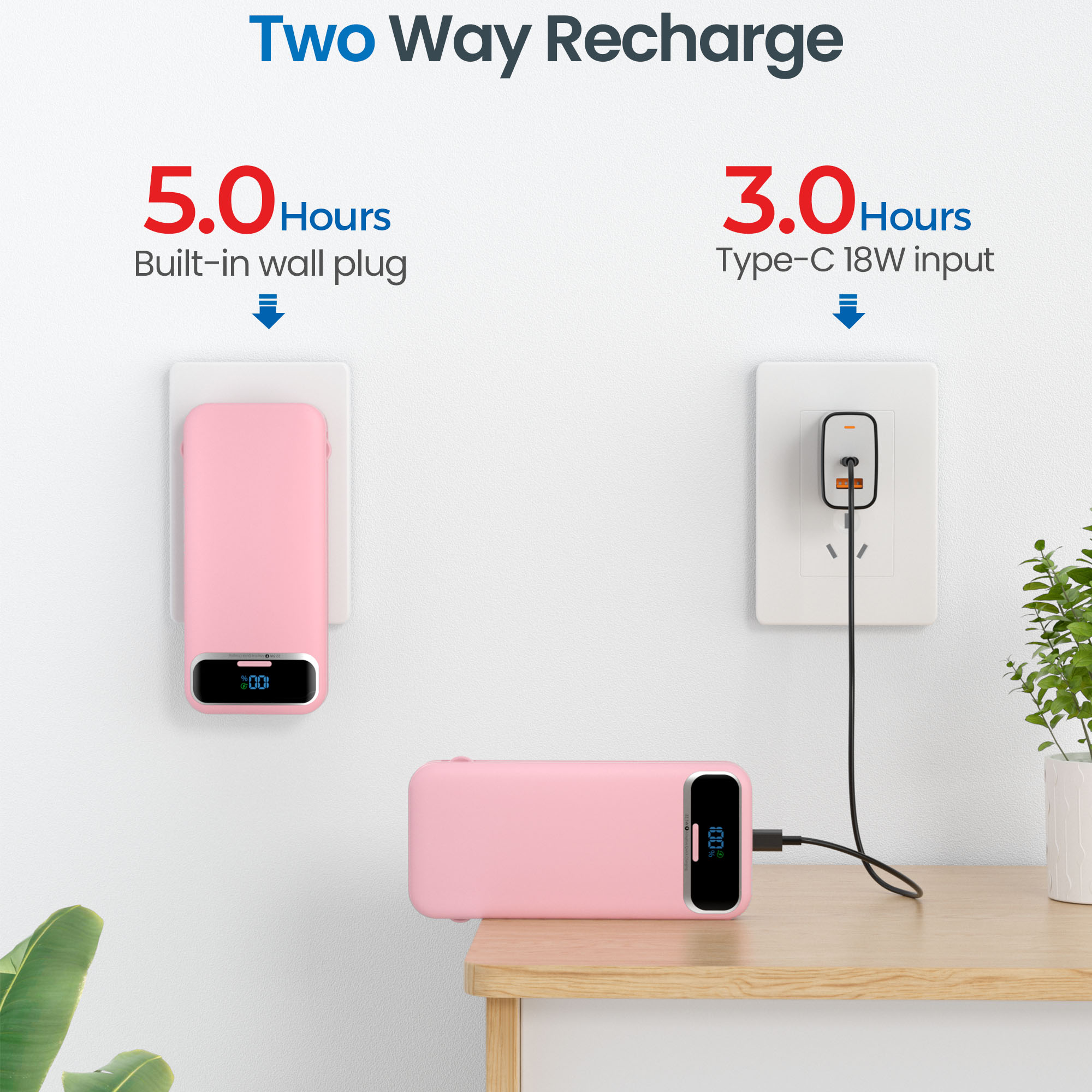 Ultra Thin 12000mAh Fast Charging Power Bank with Built In Cables and AC Plug