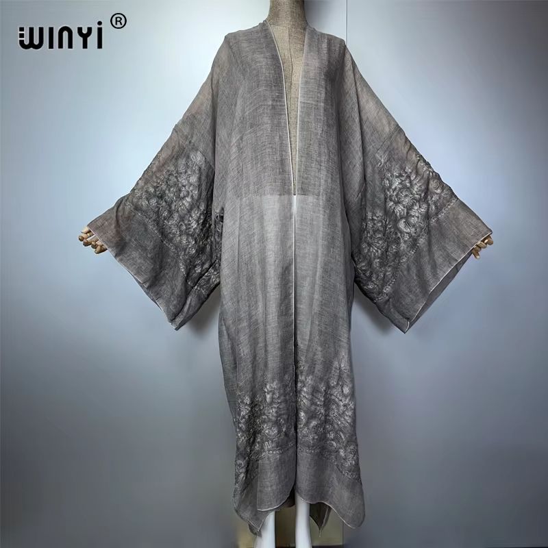 Hand-Dyed Embroidered Beach Kimono Maxi Cover Up