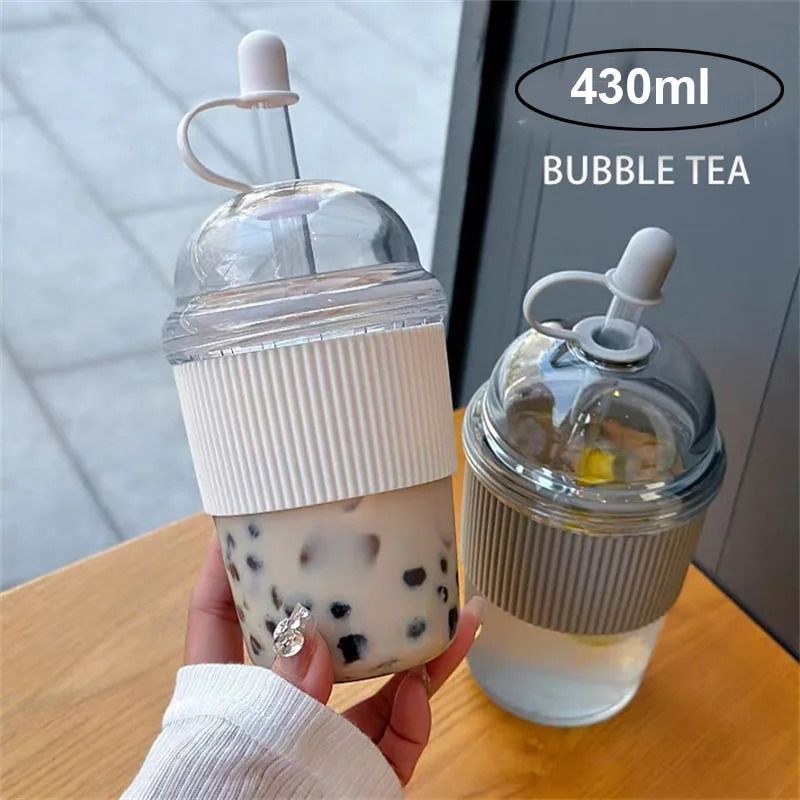 430ML Ins Style Straw Cup With Lid Large Capacity Bubble Boba Tea Coffee Milk Juice Mug Office Water Bottle