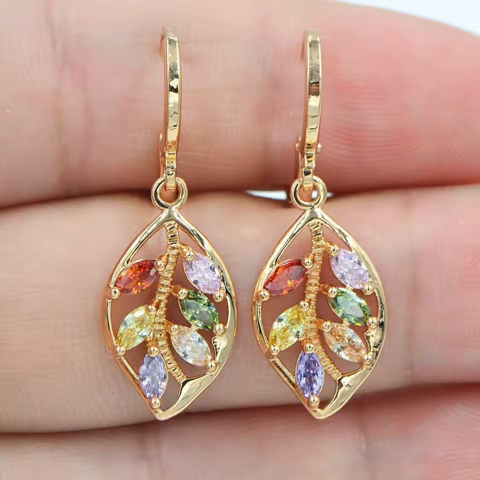 Golden Leaf Zircon Earrings – Elegant Colored Crystal Jewelry Gift for Women