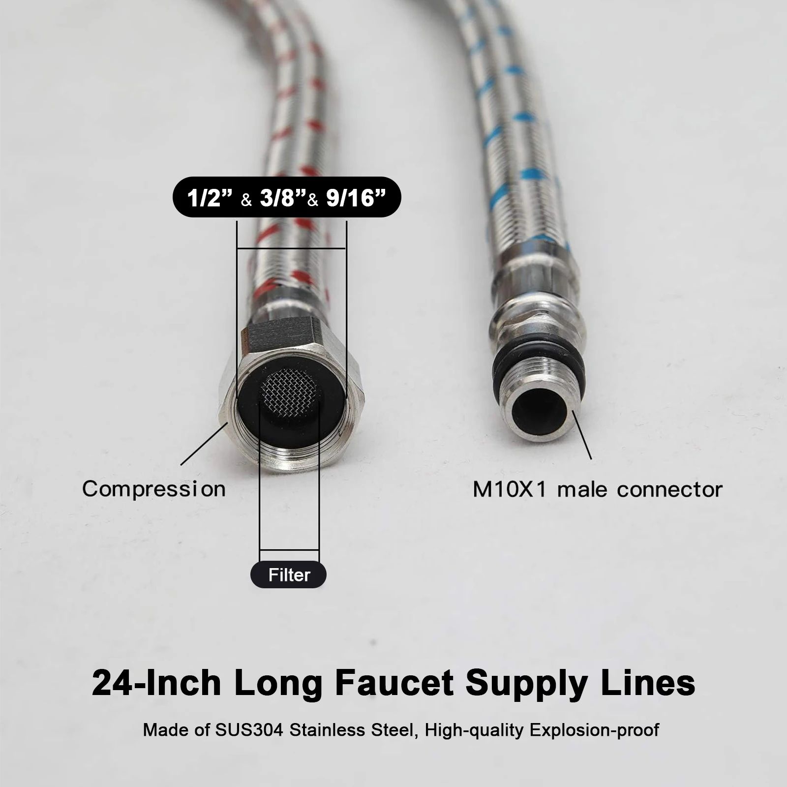 24-inch Stainless Steel Faucet Connector Supply Hose 2-Pack