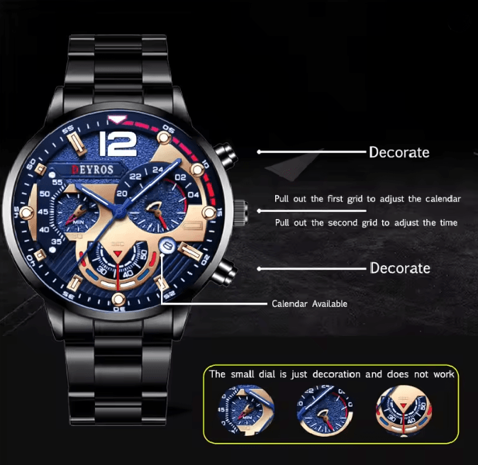 Stainless Steel Quartz Watch for Men with Calendar and Luminous Display