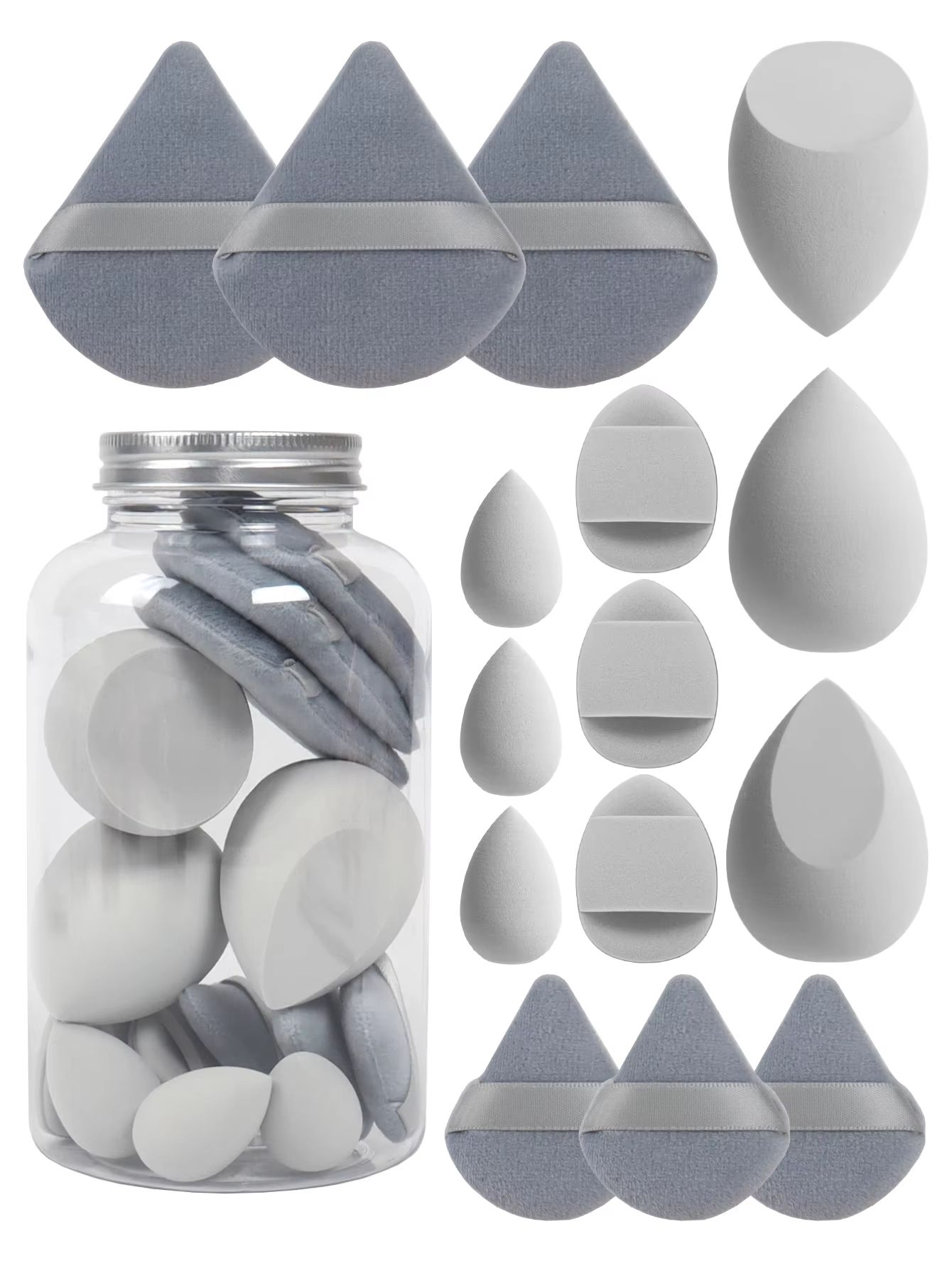 15 Piece Makeup Puff Set with Loose Powder Puffs, Mini Makeup Sponges, and Air Cushion Puffs in Travel Cans