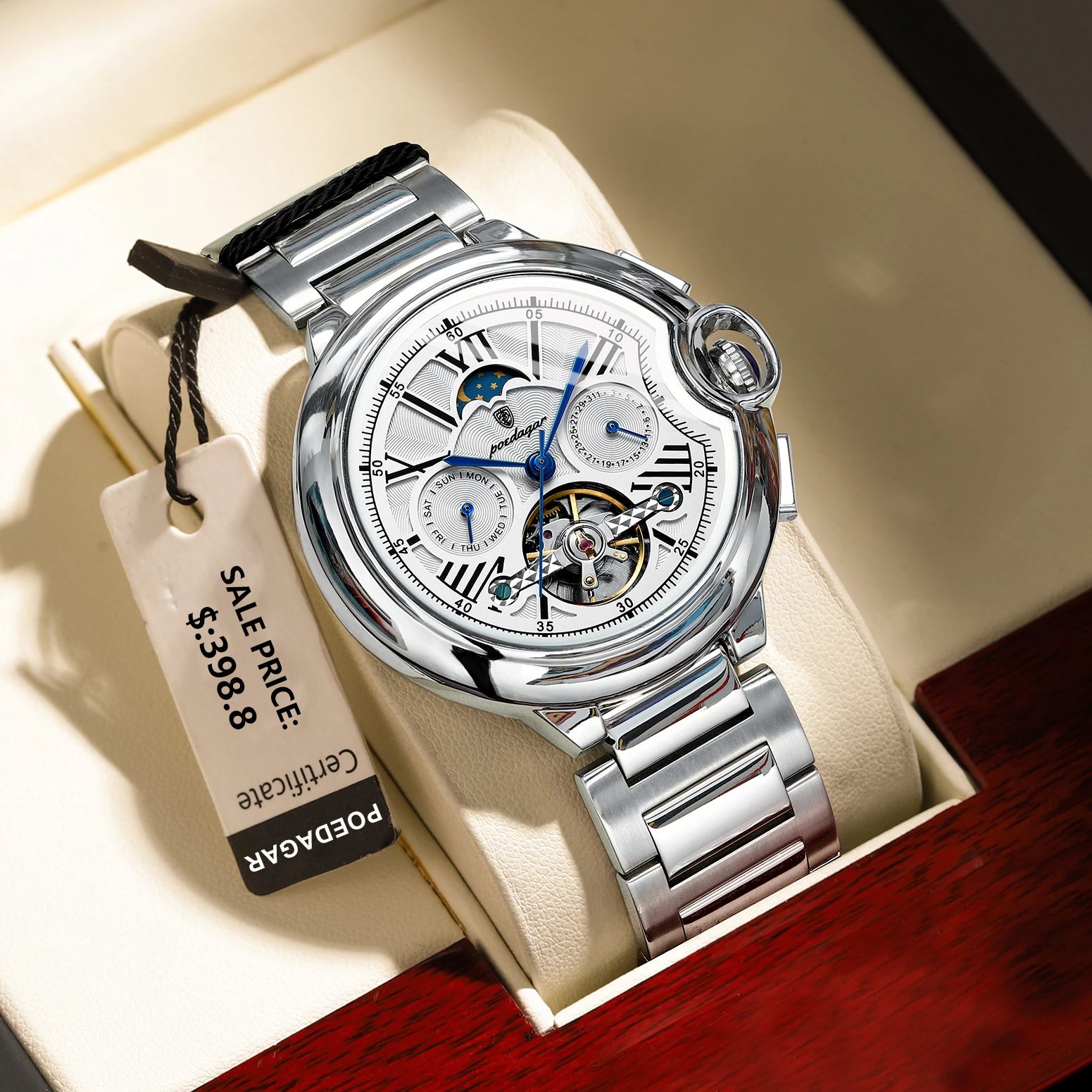 Luxury Man Watch with Hollow Tourbillon, Automatic Mechanical Watch for Men, Waterproof Stainless Steel Design