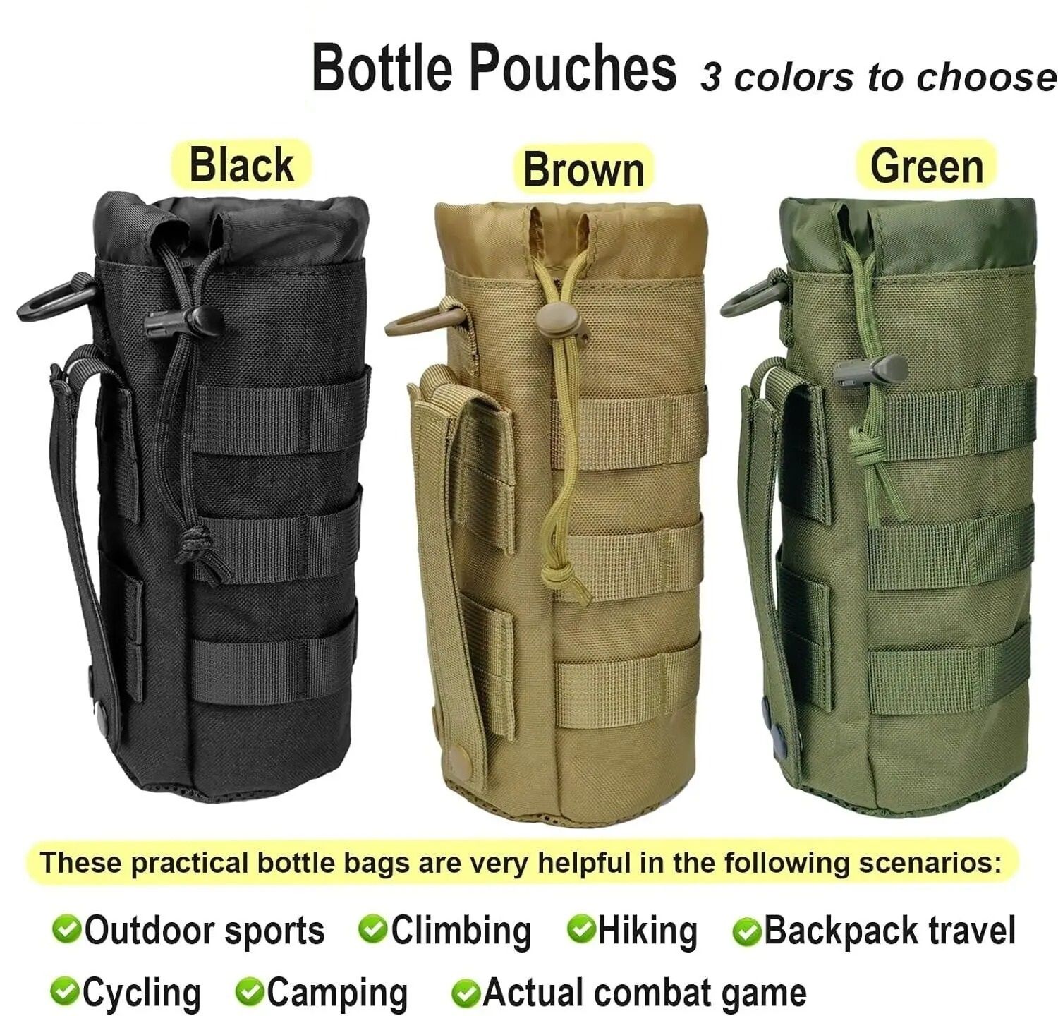 Tactical MOLLE Water Bottle Pouch High Density 1000D Nylon Bottle Holder with Drawstring and Mesh Bottom