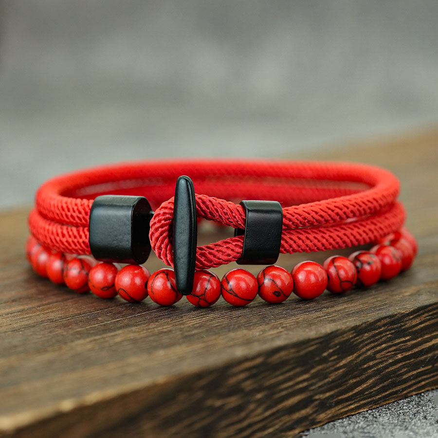 Men Nautical Rope Bracelet with Natural Malachite Beads Handmade Hook Clasp