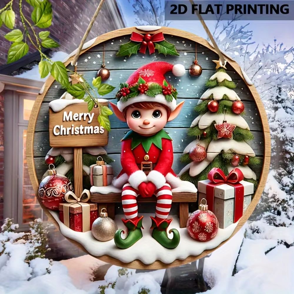 Christmas Elf Wooden Sign – 7.9 in Round Rustic Holiday Decor