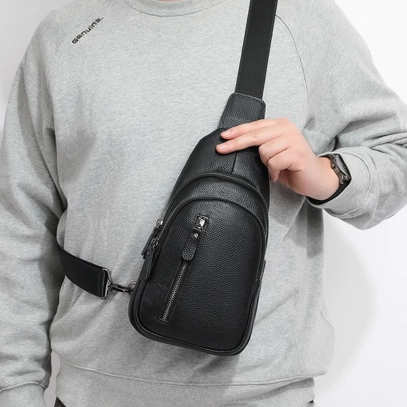 Mens Genuine Leather Crossbody Chest Bag with Adjustable Strap for Daily Travel and Casual Use