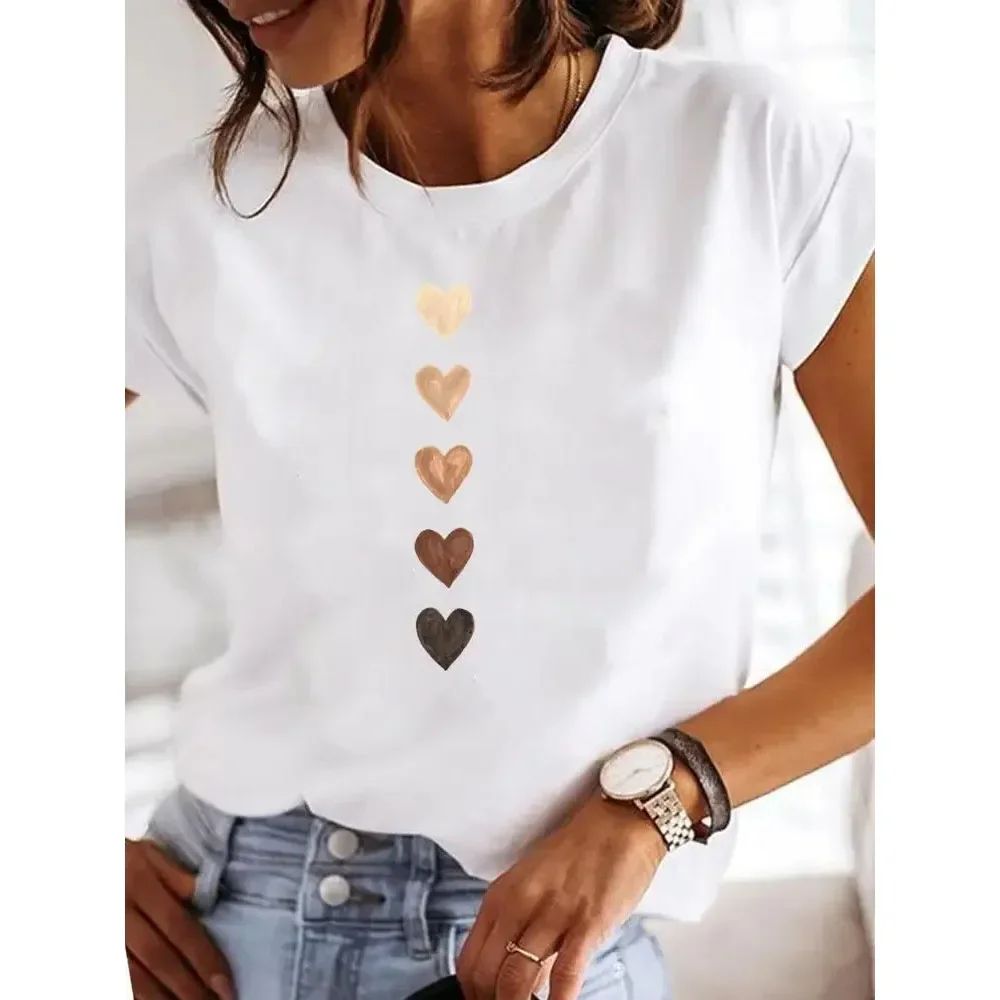 Retro Love Heart Y2K T-Shirt – Womens Casual Heart Print T-Shirt Summer O-Neck Graphic Tee