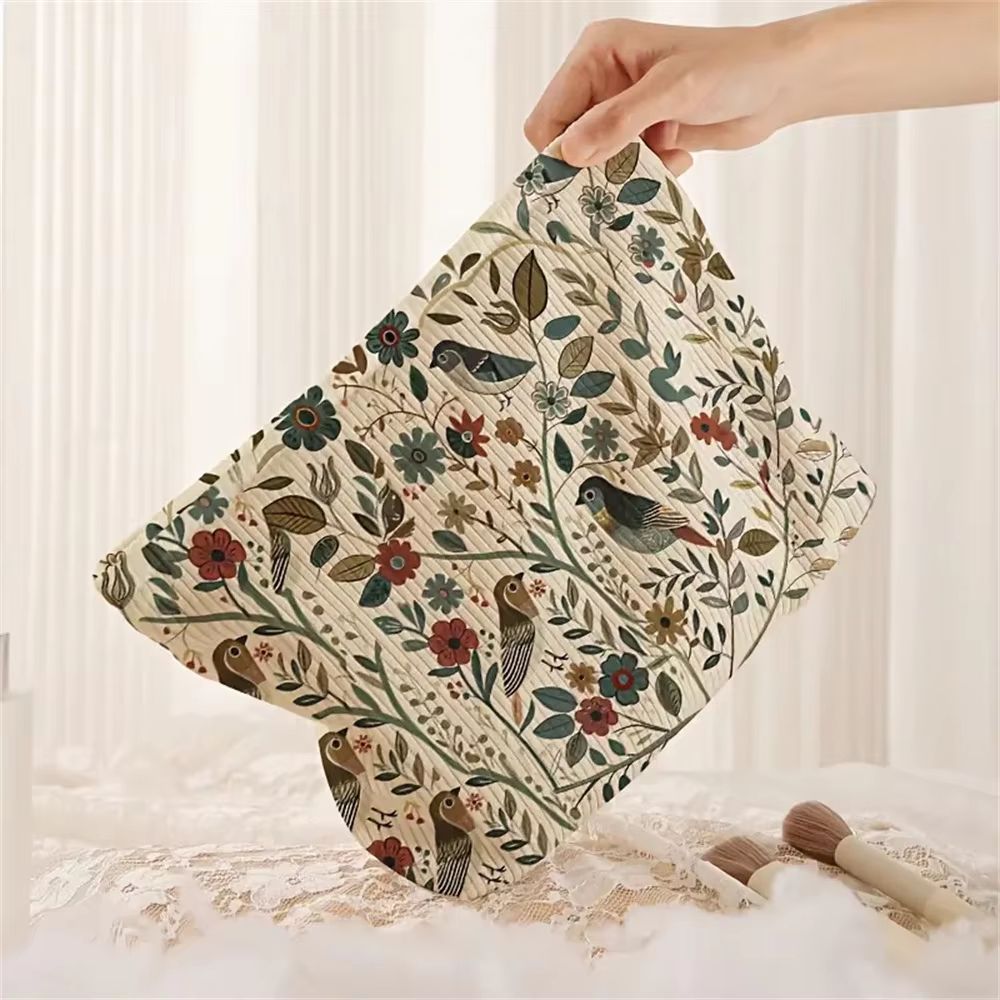 Corduroy Cosmetic Makeup Bag with Branch Bird Pattern