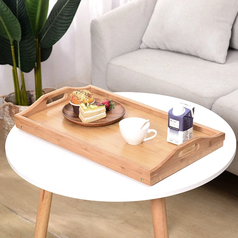 Foldable Bamboo Bed Tray Table with Folding Legs, Snack Tray, Breakfast Tray, Serving Laptop Tray, Handle Bed Table