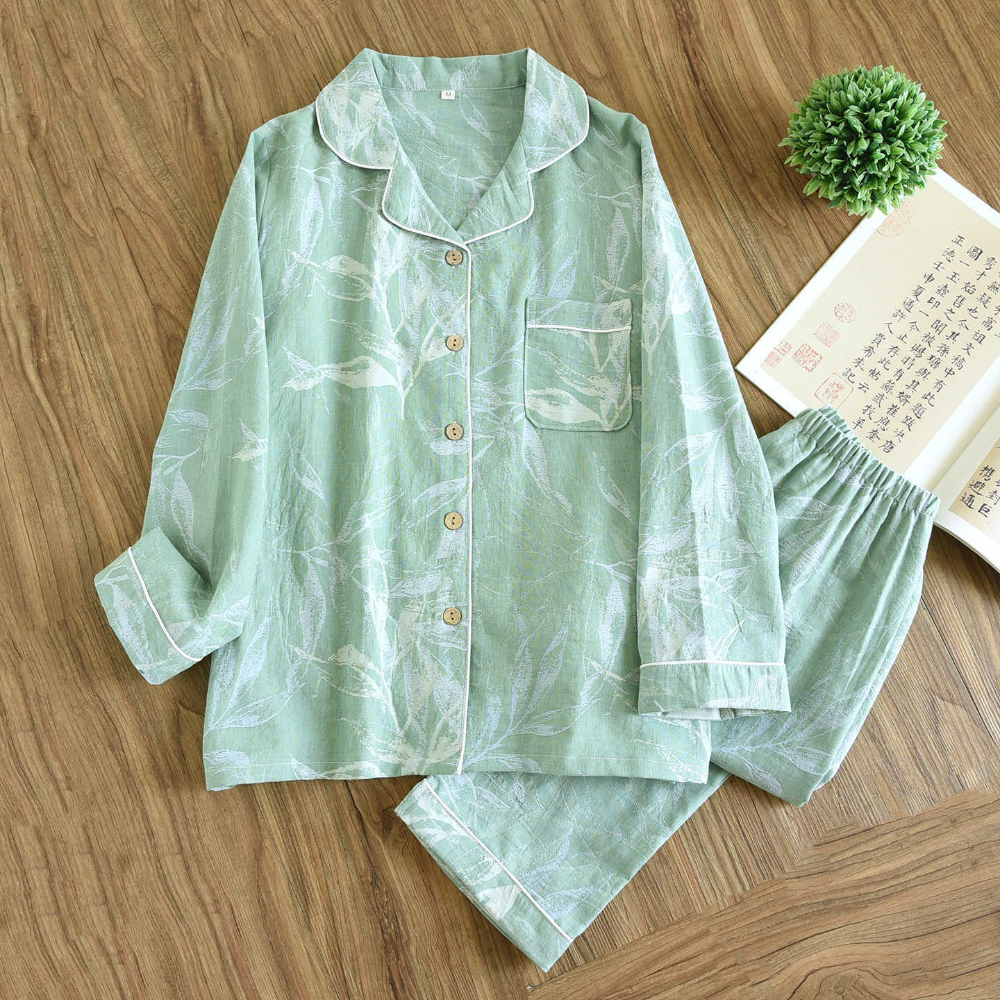 Women's New Spring Pajamas Suit, Cotton Crepe Two-Piece, Long-Sleeved Trousers, Flower Leaves Home Clothes