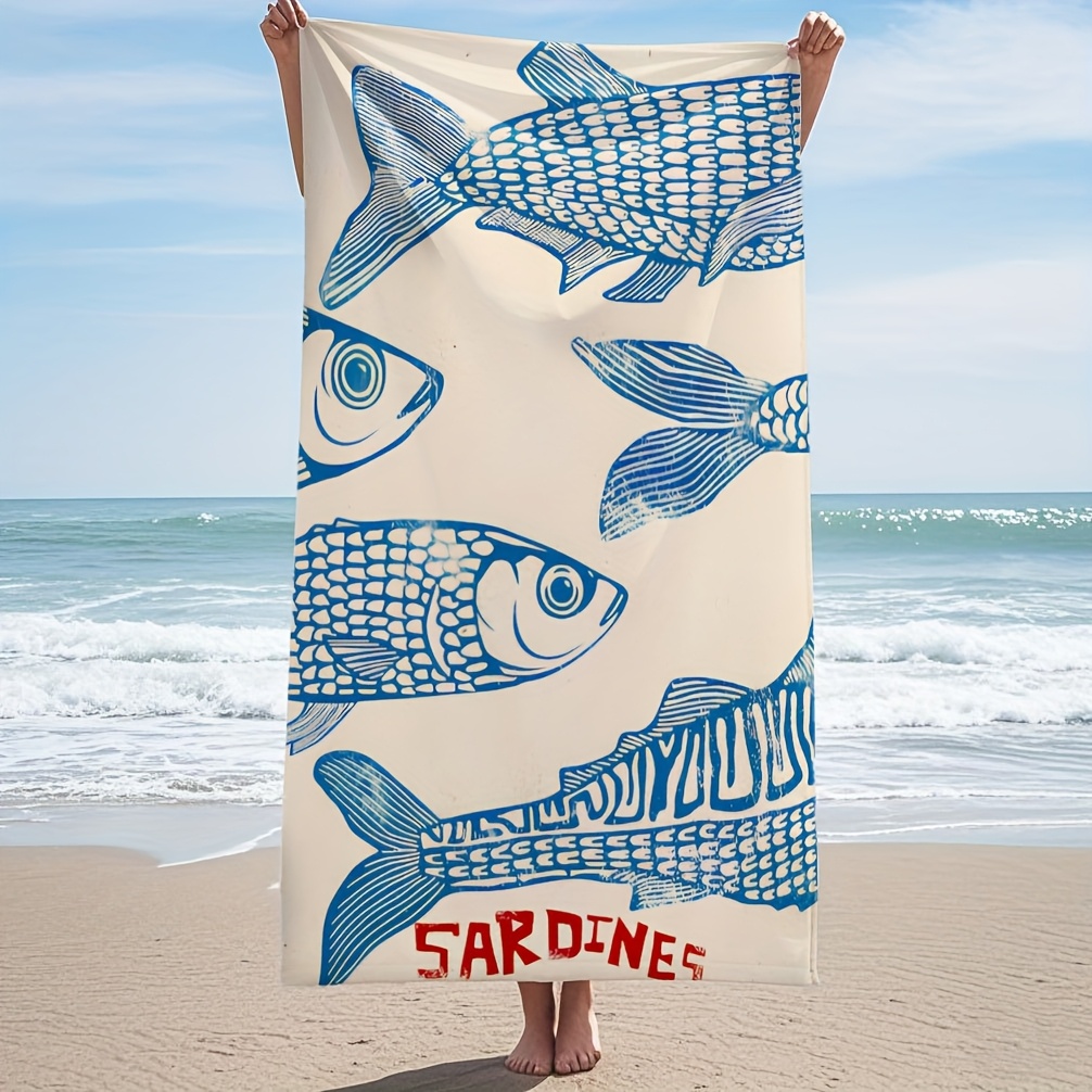Super soft sardine print, beach towel, blue retro design, microfiber, for beach, swimming, pool, yoga